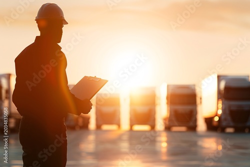 The silhouette of a transportation manager holding a clipboard stands in front of a fleet of trucks, highlighting logistics coordination with ample copy space.
