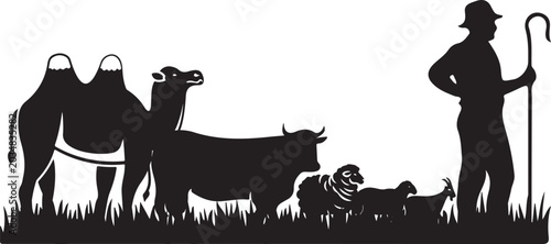 Fotografia Eid ul Adha Sacrificial Animals and Shepherd Silhouette for Qurbani Market Illus