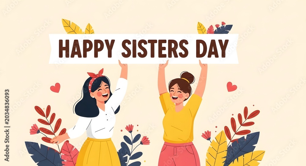 Naklejka premium Happy sisters day celebration with two cheerful young women holding a banner together