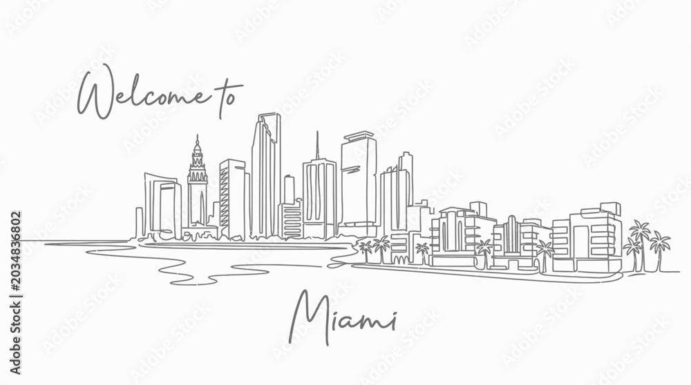 Naklejka premium Miami Skyline Line Art Illustration, Elegant Cityscape, Monochrome