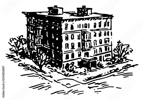 Canvas Print historic apartment building and tenement house in hand drawn vintage architectur