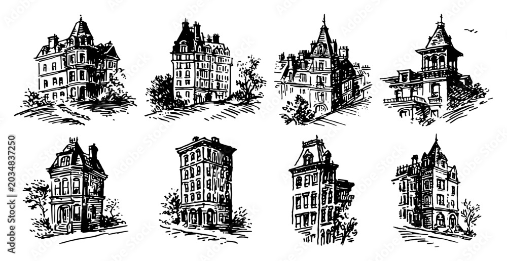 Fototapeta premium Victorian townhouses and historic city buildings in vintage hand drawn sketch style