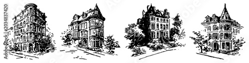Konstfotografi Victorian mansions and historic estate residences in vintage engraving style
