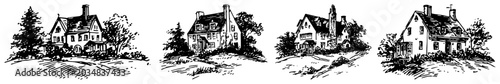 Photos Country cottages and rural suburban houses in vintage hand drawn engraving style