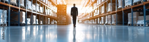 Silhouette of a manager walking through a warehouse, surrounded by cargo and inventory, with plenty of space for text.