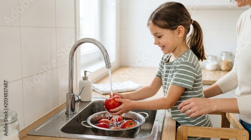 Young girl washing red apples in kitchen sink with adult assistance  