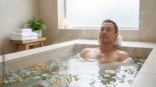 Man relaxing in herbal bath surrounded by natural elements  