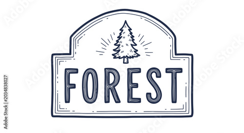 Bild auf Leinwand Forest Emblem Logo with Pine Tree and Rays, Hand Drawn Style