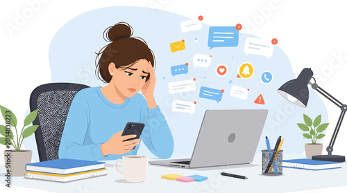 Woman feeling overwhelmed by notifications on her phone and laptop.