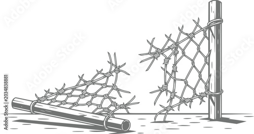 Foto Broken barbed wire fence with pole and pipe on ground