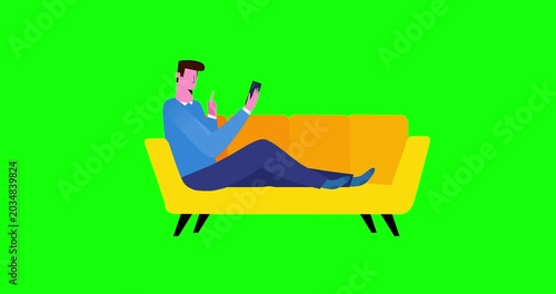 Man half sitting on sofa with phone on green screen. Cartoon animation of businessman male character  remote work finger palm scrolling gsm phone screen. Business explainer flat design people serie. 