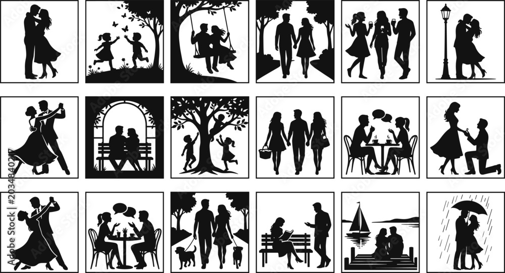 Obraz premium Romantic Couple and Family Silhouette Icons Collection with Dancing Walking Dating and Outdoor Lifestyle Scenes