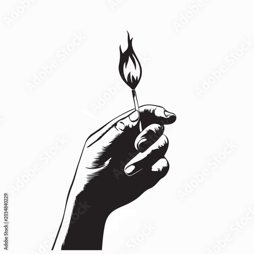 Photos Hand Holding Burning Matchstick Silhouette Vector On White Background