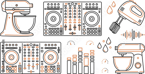 Foto Kitchen Mixer and DJ Audio Console Icon Set with Stand Blenders Turntables and S