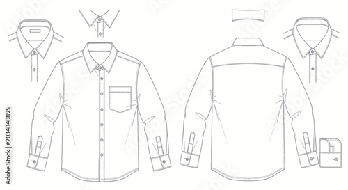 Fotografie Men's Long Sleeve Dress Shirt Technical Drawing Flat Sketch