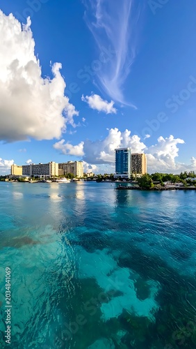 A serene coastal cityscape with turquoise water and fluffy clouds
