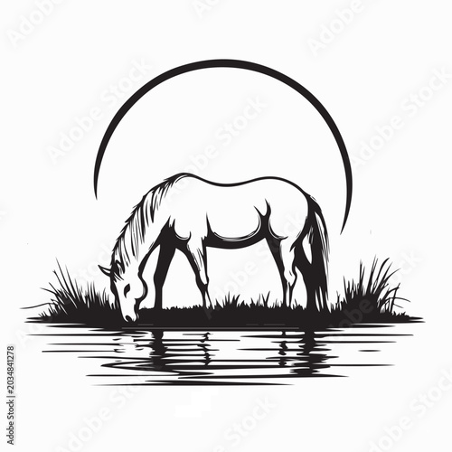 Wild Horse Eating Grass Near Lake Vector Design On White Background
