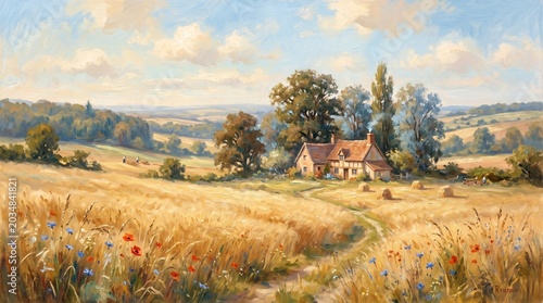 Countryside Cottage Landscape Painting Golden Field Scenic View