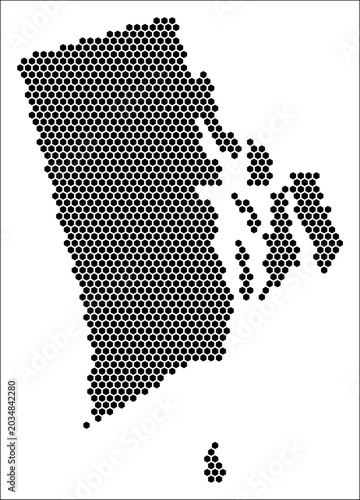 Rhode Island hexagon map. Plain black and white dotted shape template. State tiny hexagon cells. Rhode Island flat honeycomb template. Vector Illustration.