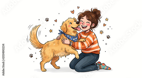 Cute illustration of a happy golden retriever dog hugging its female owner