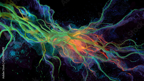 A glowing malignant growth being starved of its vibrant nutrient streams on a dark field.