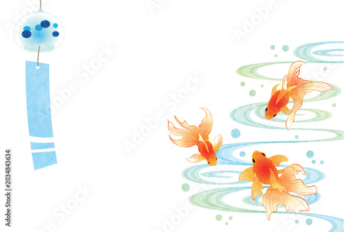 暑中見舞いはがきイラスト、金魚、風鈴、和風、かわいい、横