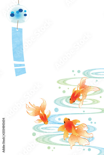 暑中見舞いはがきイラスト、金魚、風鈴、和風、かわいい、縦