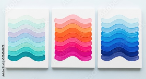 Three abstract canvases with colorful wavy brush strokes