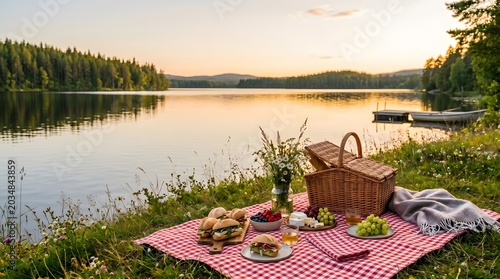 Picnic by serene lakeside at golden hour with checkered blanket and wildflowers