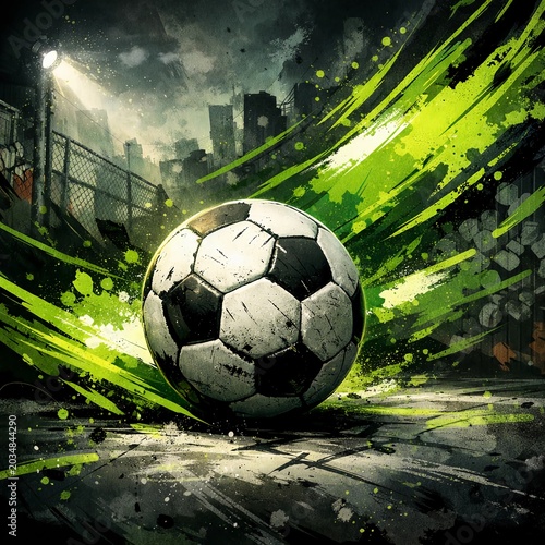 A soccer ball on a dark urban field with green streaks