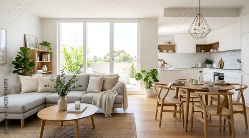 Modern living room interior with open layout and natural light