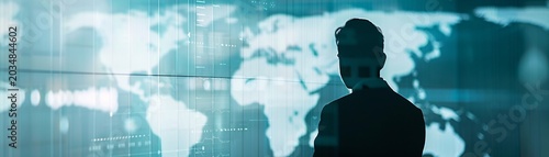 Silhouetted against a global map, a manager reviews logistics data, symbolizing the global reach of supply chain networks, with space for copy.