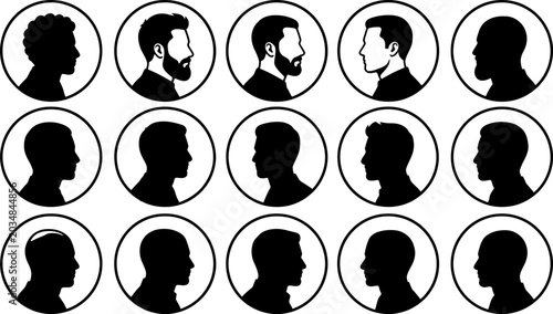 Photos Male silhouette portraits in circles displaying various hairstyles and facial ha