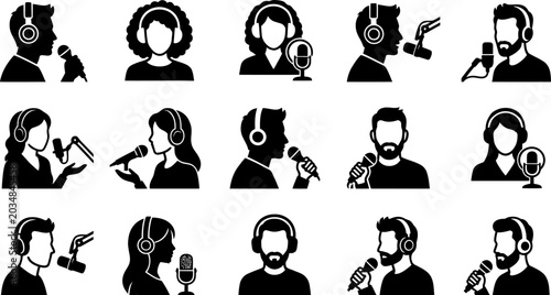 Bild auf Leinwand Podcasters speaking into microphones with headphones silhouettes