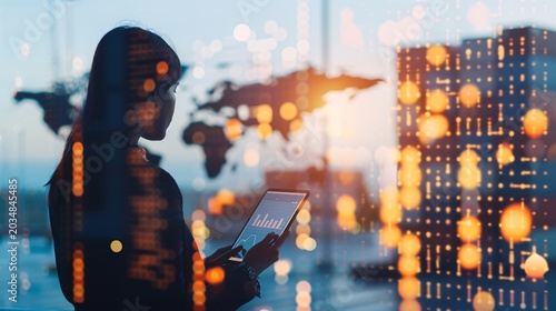 The silhouette of a logistics manager reviews data on a tablet against a backdrop of global shipping routes, representing the digital era of supply chain management, with copy space.