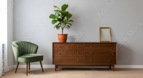 Modern Interior: Wooden Dresser, Chair, and Fiddle Leaf Fig Tree