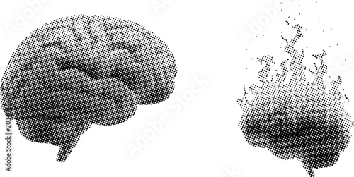 Bild auf Leinwand Halftone brain illustrations with pixels disintegrating on white background