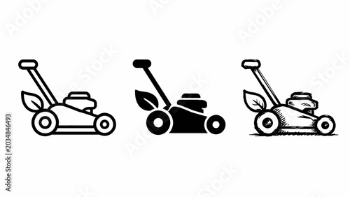 Set of three lawn mower icon designs in black and white