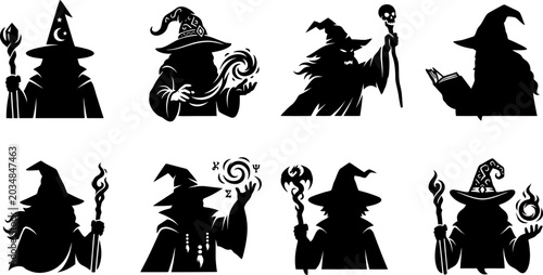 Wizard silhouettes collection magical poses and spells isolated vector illustration