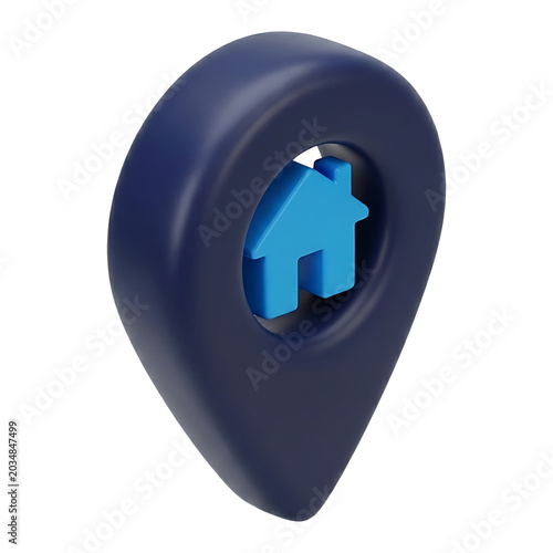 3D location pin with house icon inside, GPS home address marker, real estate property finder, navigation concept