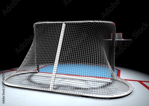 3D model of hockey goals on a hockey rink, front view, with other goals in the background.