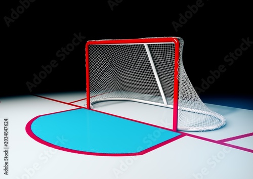 3D model of a hockey goal on a hockey rink, front view