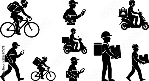 Billede på lærred Delivery service personnel icons showing diverse transportation and actions