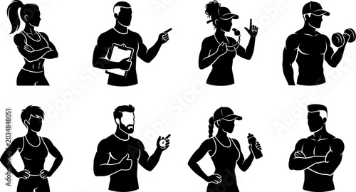 Fotografie Fitness trainer silhouettes guiding diverse workout poses and activities