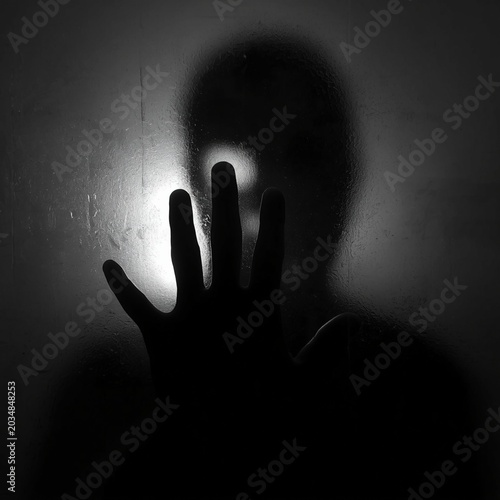 a dark monochrome silhouette of a person raising a hand in a 