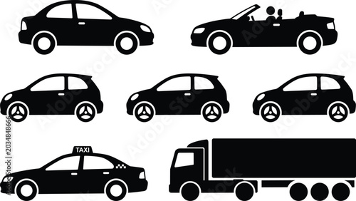 Tableau sur toile Vehicle Silhouette Icon Set Featuring Sedan Convertible Hatchback Taxi and Cargo