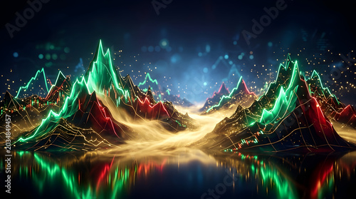 Abstract digital finance artwork with glowing market lines, money-inspired shapes, and futuristic trading energy. AI Generated.