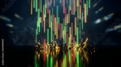 Abstract digital finance artwork with glowing market lines, money-inspired shapes, and futuristic trading energy. AI Generated.