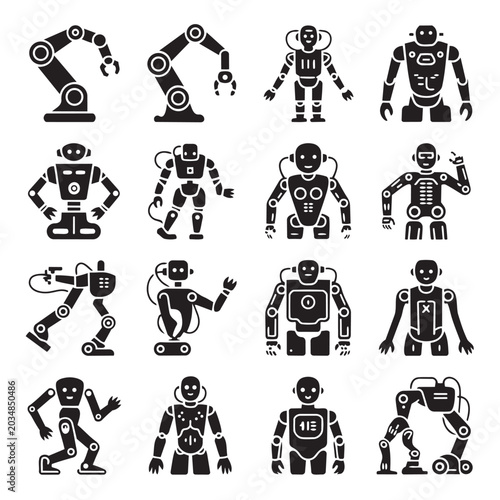 Set of black and white icons depicting various futuristic robots and robotic arms in different