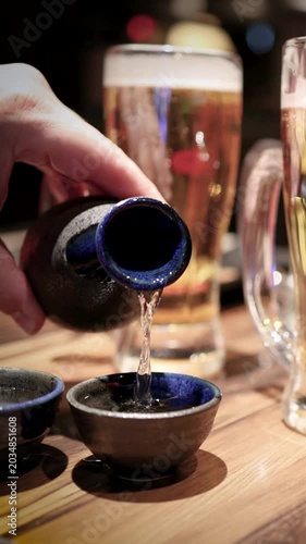A Person Pouring Japanese Sake From a Ceramic Bottle Into a Cup